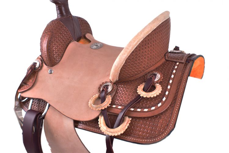 12" Double T hard seat roper style saddle with basket weave tooling with raw hide accents #3